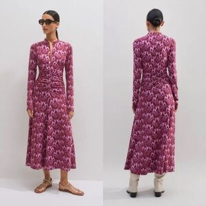 ME+EM Tulip Print Ruched Maxi Dress Long Sleeve Zip Front Womens Size 12